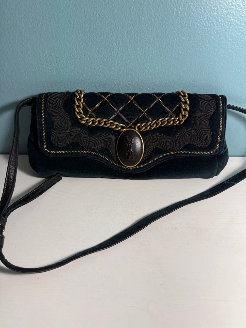 Vintage YSL Sac Luxembourg Green Velvet Shoulder Bag Clutch Tom Ford 2003 Rare
